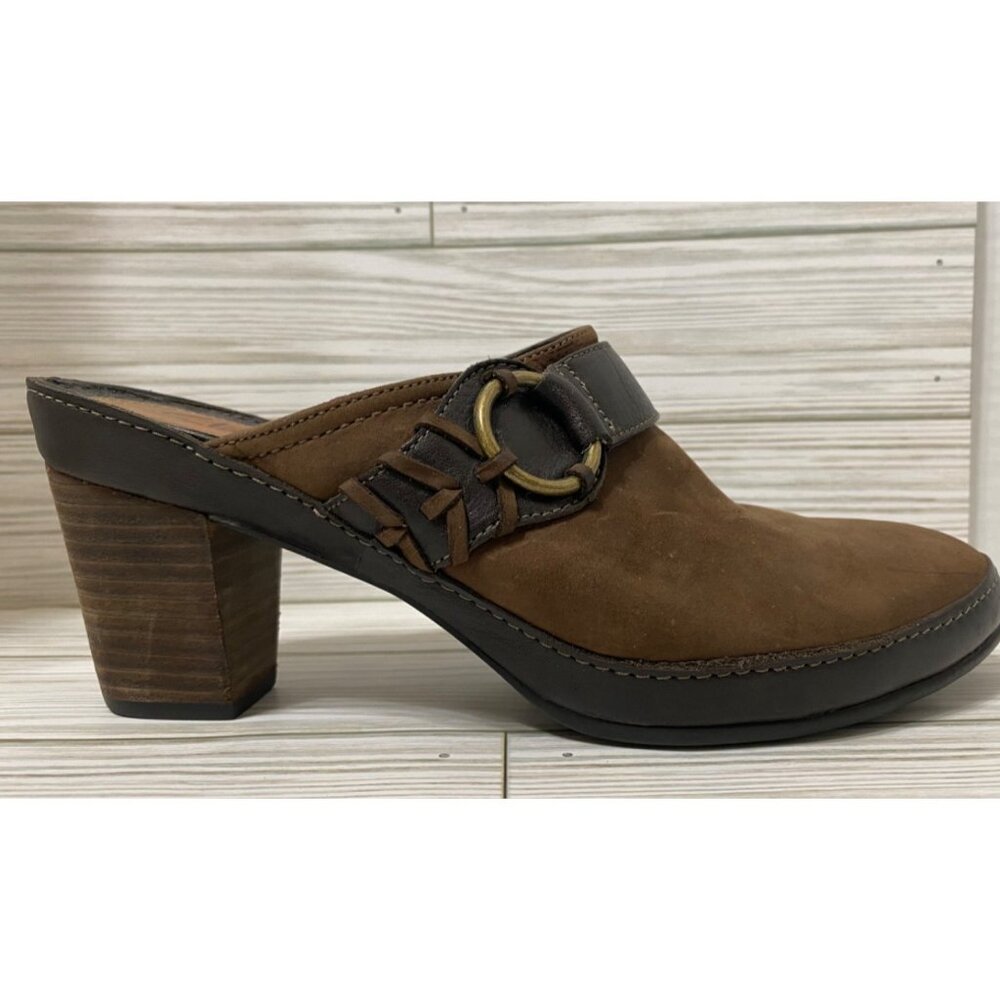 Clarks Artisan Brown Leather Heeled Mules 7.5M Platform Shoes 2" Chunky - Picture 10 of 11